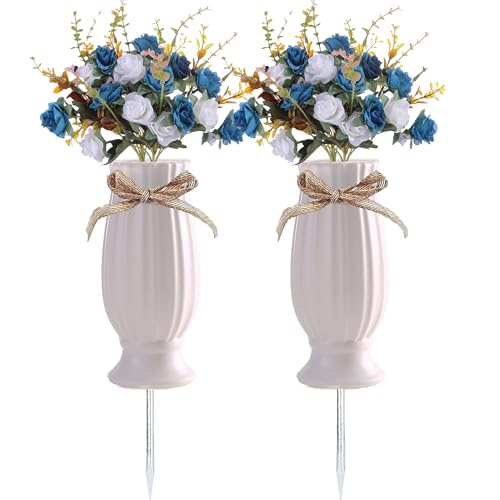 2 Pcs Cemetery Vases with Spikes,Grave Vases for Cemetery with Metal Spikes and Drainage Holes,Grave Flower Holder for Headstones Memorial Gifts Loss of Loved One - color: White