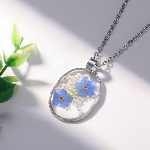 AUNTESIGN Forget-Me-Not and Queen Anne's Lace Pressed Wildflower Necklace | Birth Month Flowers Necklace | Gold/Silver Pressed Flower Jewelry | Mother's Day | Gift For Her - color: Silver Forget-Me-Not Necklace