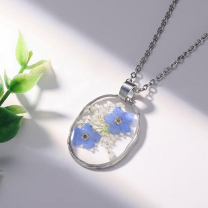 AUNTESIGN Forget-Me-Not and Queen Anne's Lace Pressed Wildflower Necklace | Birth Month Flowers Necklace | Gold/Silver Pressed Flower Jewelry | Mother's Day | Gift For Her - color: Silver Forget-Me-Not Necklace