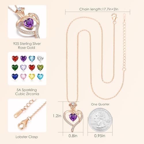 925 Sterling Silver Rose Love Heart Birthstone Necklaces for Women Jewelry | Hypoallergenic Nickel-Free & Lead-Free Pendant,Birthday Anniversary Christmas Gift for Women Wife Mom Girlfriend - color: Rose Gold-02-Feb
