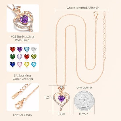 925 Sterling Silver Rose Love Heart Birthstone Necklaces for Women Jewelry | Hypoallergenic Nickel-Free & Lead-Free Pendant,Birthday Anniversary Christmas Gift for Women Wife Mom Girlfriend - color: Rose Gold-02-Feb