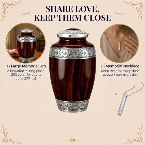 Set of 2 Wood-Grain Urn for Adult Human Ashes Adult Male & Female – Includes 1 Large Hand-Engraved Adult Urn with 1 Memorial Necklace - color: Wooden Grain - Single Urn