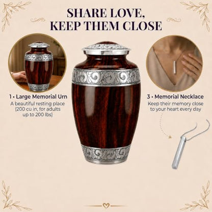 Set of 2 Wood-Grain Urn for Adult Human Ashes Adult Male & Female – Includes 1 Large Hand-Engraved Adult Urn with 1 Memorial Necklace - color: Wooden Grain - Single Urn