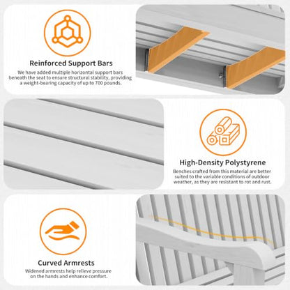 2-Person Outdoor Bench with 700 Lbs Weight Capacity, White | Poly Lumber Weatherproof Garden Bench Seating for Porch, Balcony and Park, All-Weather Patio Bench Furniture - color: White