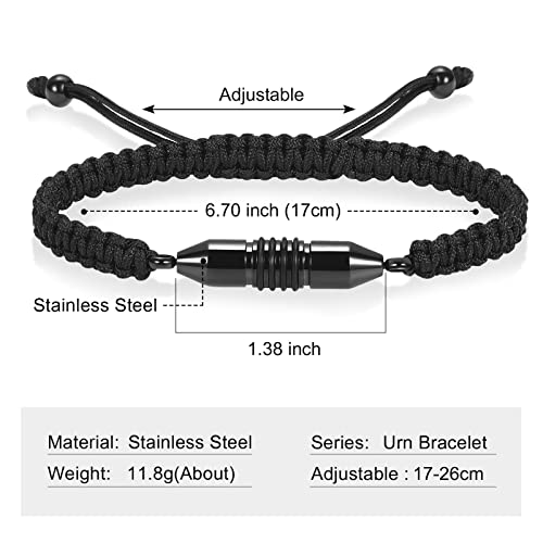 Hearbeingt Cylinder Cremation Bracelet for Ashes Adjustable Rope Urn Bangle - color: D-Black