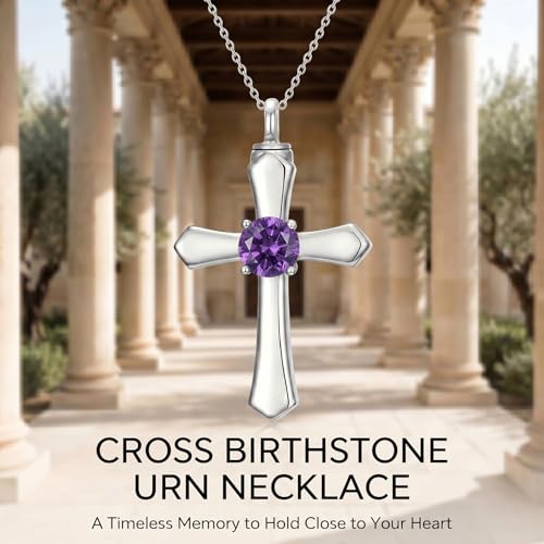YYB Urn Necklace for Ashes Women Heart Birthstone Cross Cremation Jewelry | Memorial Keepsake Funeral Jewelry for Loved Ones (with Funnel Filler) - color: 02--Amethyst February