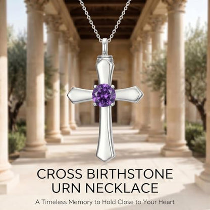 YYB Urn Necklace for Ashes Women Heart Birthstone Cross Cremation Jewelry | Memorial Keepsake Funeral Jewelry for Loved Ones (with Funnel Filler) - color: 02--Amethyst February