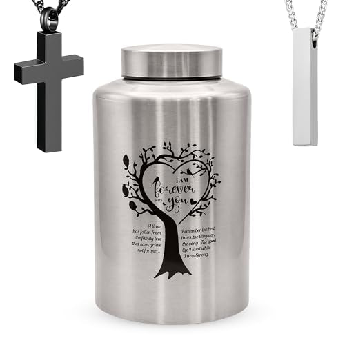 Stainless Steel Cremation Urns for Human Ashes Adult Female & Male- Decorative Funeral Urn for Ashes Men, Women, Dad & Mom Set of 3 Includes 1 Large Urn & 1 Silver & Black Cross Necklace - color: Stainless Steel Tree Urn - Single Urn