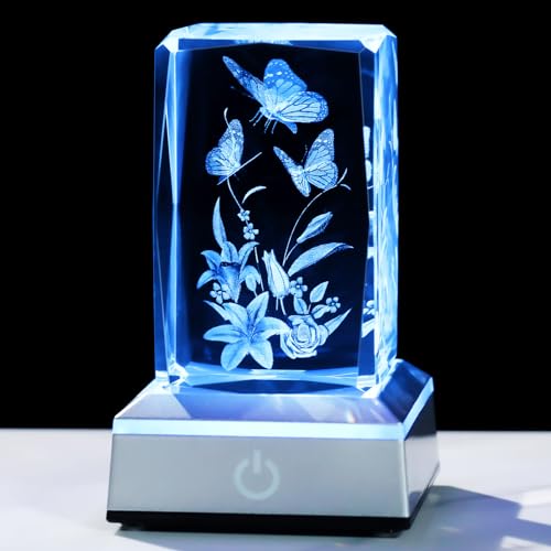 YWHL 3D Crystal Butterfly Gifts for Women, Laser Engraved Butterfly and Lily Flower Figurines with Light Base for Butterfly Lovers Nature Lovers, Gifts for Birthday Christmas - color: Butterfly and Lily Flower