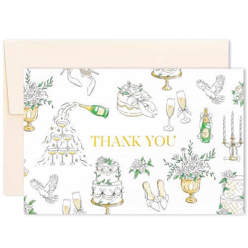 Crisky 50 Pack Gold Foil Wedding Thank You Cards with Envelopes, 4x6 with Elegant Wedding Element Color Printing Pattern, 300gsm Thank You Cards Premium Cardstock, Bulk Cards for Wedding, Bridal Shower Decoration - color: Gold Foil