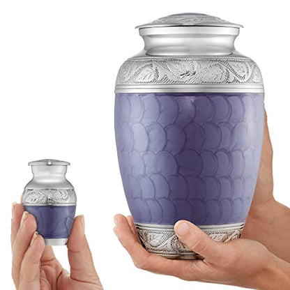 Reminded Set of 5 Etched Cremation Urns for Human Ashes - 1 Brass Adult + 4 Keepsake Token Size, Lavender - color: Lavender