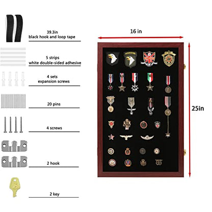 VERANI Pin Display Case Badge Display Frame Oversized Mahogany | Flexible layout arrangement,Premium real clear glass door,Solid wood matte black frame,Wall mountable design - size: 16x25 - Mahogany