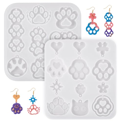 2Pcs Pet Paw Print Silicone Molds Puppy Kitten Paw Earring Resin Molds Cute Animal Dog Cat Footprint Epoxy Resin Casting Molds for DIY Crafts Earring Keychain Jewelry Making Supplies - color: Hollow Paw Print-White