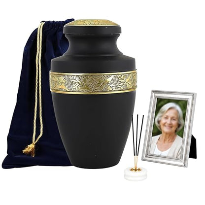 CLEENTABLE Aluminum Cremation Urn for Human Ashes, 11 in. (Black & Gold) - color: Matt Black Metallic Gold, size: Hand-Etched Leaf - 7x11"