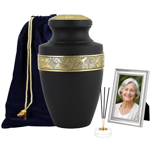 CLEENTABLE Aluminum Cremation Urn for Human Ashes, 11 in. (Black & Gold) - color: Matt Black Metallic Gold, size: Hand-Etched Leaf - 7x11"
