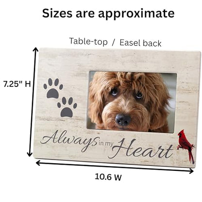 Dog Memorial Picture Frame, Always in My Heart Pet Loss Gift with Cardinal & Paw Print Design, Wood Look 4x6 Photo Frame for Dog or Cat Sympathy, Pet Remembrance Gift, Measures 10 x 7 Inches