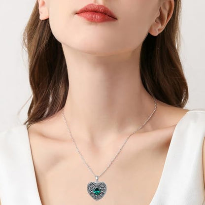 Heart Photo Locket Necklace 925 Sterling Silver Birthstone Gemstone That Holds 2 Pictures Locket Necklace Jewelry Gifts for Mother Women Mom Mother's Day Christmas Birthday - style: 05-May- Emerald-Customize