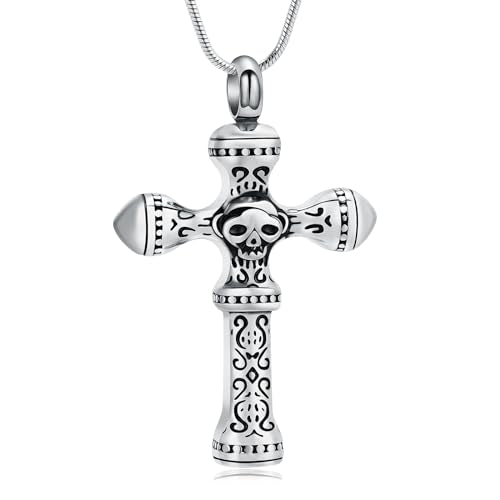 Skull Cross Cremation Jewelry Retro Skull Urn Necklaces for Ashe Stainless Steel Memorial locket Keepsakes Jewelry Human Ash Pendant Jewelry for Men Women - color: Silver