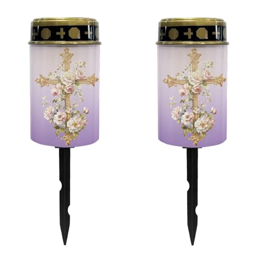 Cross with Flower Solar Memorial Lights for Graves Purple Gravesite Decorations Cemetery Eternal Light Solar Candle Lights Waterproof Memorial Grave Decorations Gifts Set of 2 - color: Cross with Flower Purple