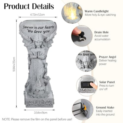Lewondr Solar Cemetery Vase for Grave, Praying Angel with Spike | Waterproof Memorial Flower Holder with Solar Candle Light, Sympathy Gifts for Loss of Loved One, Gray - color: Gray a