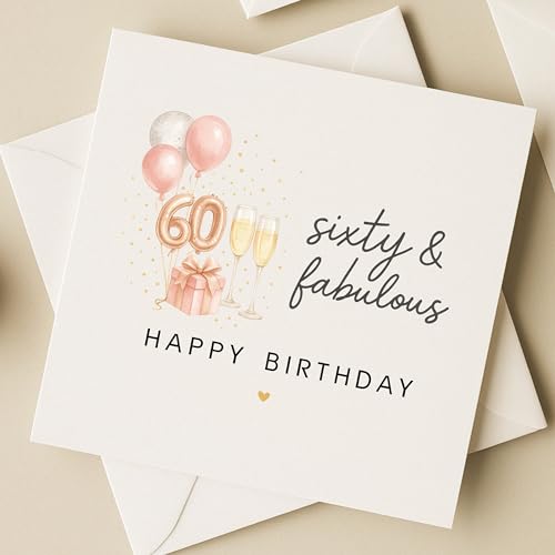 TEEMI-40th 50th 60th Birthday Card for Women - Fabulous Birthday Greeting Card with Envelope, Rose Gold Balloons Champagne Design, 300gsm Premium Cardstock, Blank Inside for Mom Sister Friend Wife (60th) - color: 60th