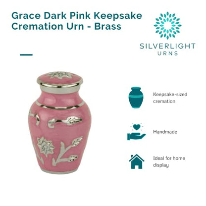 Grace Dark Pink Keepsake Cremation Urn for Ashes, Brass, Pink Urn, Keepsake Sized Cremation Urn, 3 Inches High - color: Dark Pink