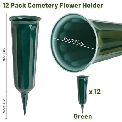 12 Pack Cemetery Vases for Grave with Spikes – Vases for Cemetery Flowers - color: Green