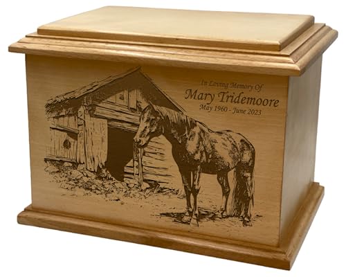 Wooden Urn for Human Ashes, Large Funeral Cremation Urn with Personlaization and Multiple Designs (Farm Horse)