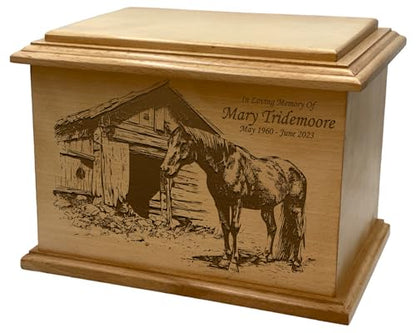 Wooden Urn for Human Ashes, Large Funeral Cremation Urn with Personlaization and Multiple Designs (Farm Horse)