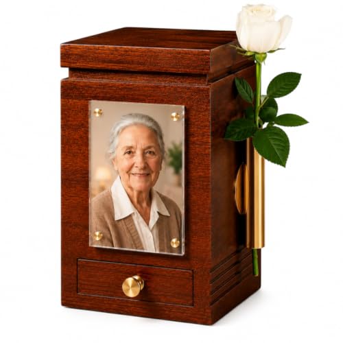Solid Wooden Urn for Adult Ashes | 200 Cu in Cremation Urn with Magnetic Lid, Keepsake Drawer, Optional Photo Frame & Flower Holder Attachments | Premium Handcrafted Wood Urns for Human Ashes