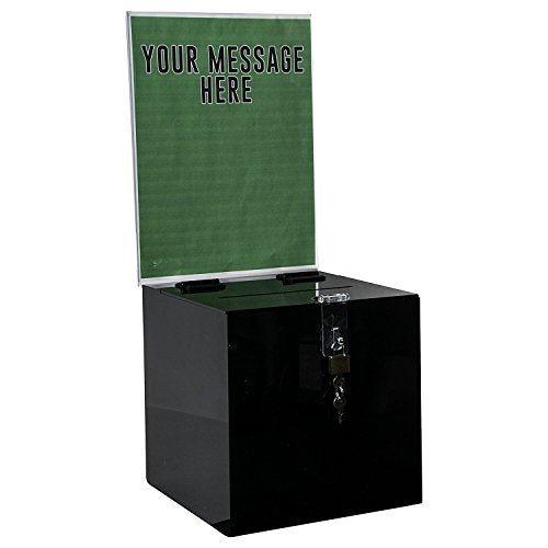 Clear-Ad - Acrylic Donation, Ballot, Raffle or Suggestion Box with Lock and Removable Sign Holder - Plastic Comment or Compaint Container - Plexiglass Multipurpose Box with Slot - Black (8x8) - size: 8 x 8 Black