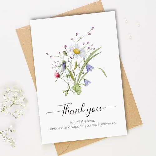 Funeral Thank You Cards with Envelopes, 5 Designs Watercolor Floral | 50 Bereavement Sympathy Thank You Cards, 4x6in, for Funeral Celebration of Life, Message Inside, Matching Stickers, Bulk - color: White-50