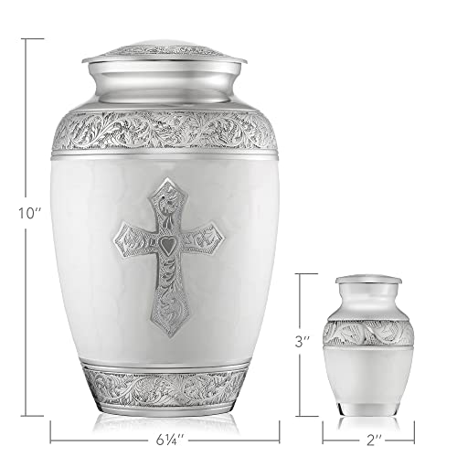 Reminded Set of 5 Engraved Cross Cremation Urns for Human Ashes - 1 Brass Adult + 4 Keepsake Token Size, White - color: White