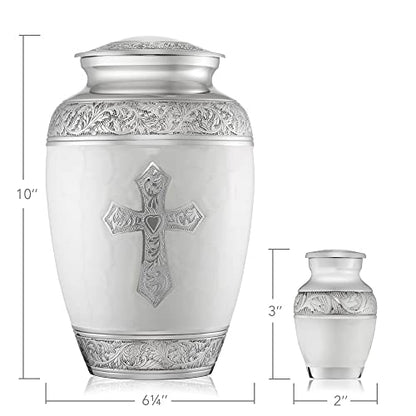 Reminded Set of 5 Engraved Cross Cremation Urns for Human Ashes - 1 Brass Adult + 4 Keepsake Token Size, White - color: White