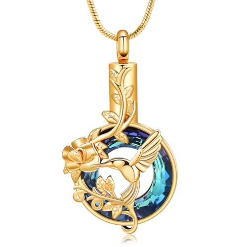Hearbeingt Hummingbird Urn Necklaces for Ashes Cremation Jewelry for Women | Stainless steel,urn pendant, memorial necklace,ash holder for human pets,keepsake jewelry,bereavement gift,with filling tool - color: Hummingbird-Gold Blue