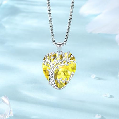 Eusense Tree of Life Necklace for Women Men Sterling Silver 925 Tree Urn Locket Cremation Jewelry Family Tree Pendant Gifts for Her Him Mom Dad Grandma Daughter - style: E-G-Tree of Life Necklace 11-Citrine