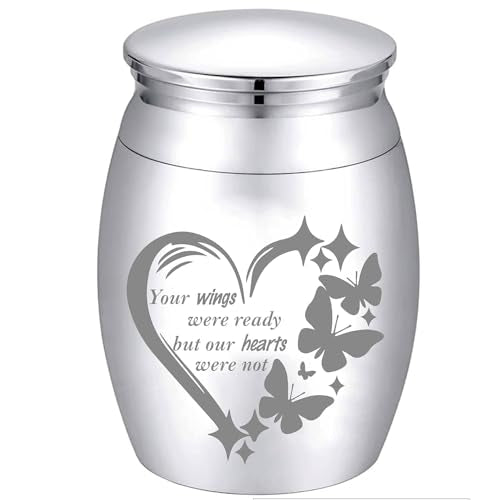 CREATCABIN Small Urns for Ashes Mini Cremation Urns Ashes Keepsake Memorial Stainless Metal Funeral Urn Heart Butterfly Burial Container for Pet Human Dog Cat 1.57x1.18 Inch-Your Wings were Ready - style: Sliver butterfly heart