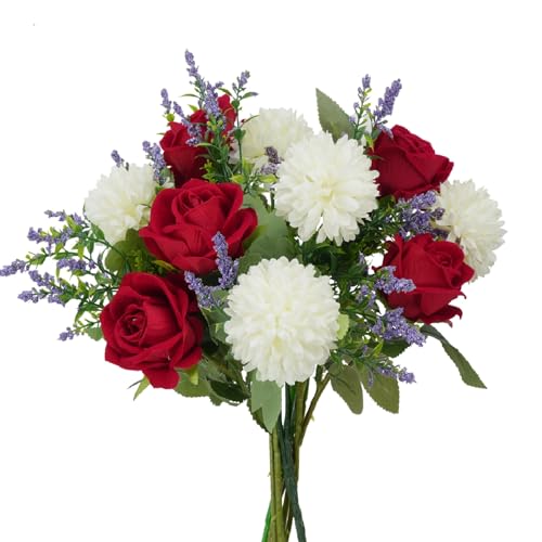 Cemetery Flowers Artificial Bouquet Red Rose Chrysanthemum 12in - color: Red Rose