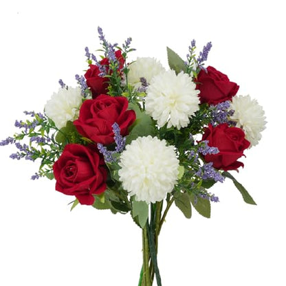 Cemetery Flowers Artificial Bouquet Red Rose Chrysanthemum 12in - color: Red Rose