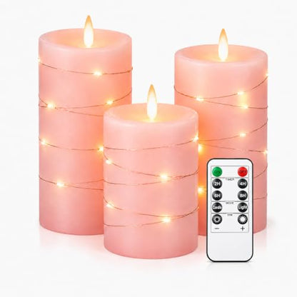 Upinmz Pink Real Wax Flameless Candles, 3-Pack, Remote Timer, String Lights - size: Pink-Wax-3 Pack