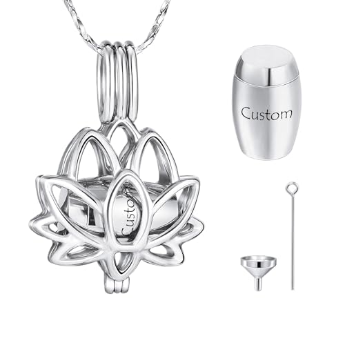 MeMeDIY Stainless Steel Urn Necklaces for Ashes Cremation Jewelry for Ashes Mini Keepsake Urn Memorial Ash Jewelry Lotus Flower Shape Urn Necklace Engraved Text - color: C1: Silver - Customized