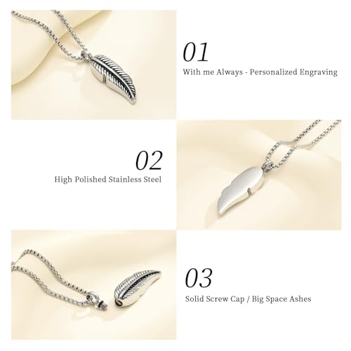 Oinsi Stainless Steel Feather Urn Necklace Hold Cremation Ashes Keepsake Memorial Jewelry +Box+Fill Kits - color: Customize-Image