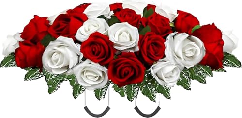 Artificial Roses Cemetery Flowers Outdoor Grave Decorations Saddle Arrangement for Headstone,Tombstone Memorial Decorations,Easy Fit (Red White) - color: Red White