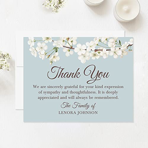 White Floral Cherry Blossom Sympathy Thank You Cards, Blue-Gray & White