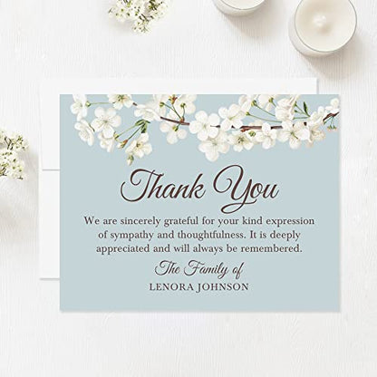 White Floral Cherry Blossom Sympathy Thank You Cards, Blue-Gray & White