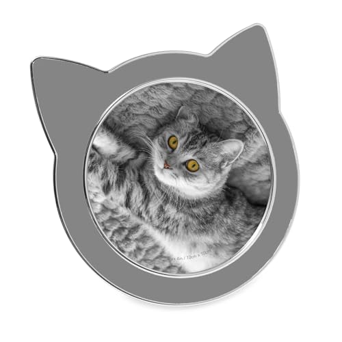 Isaac Jacobs 4x4 Gray w/Silver Round Enamel Cat Picture Frame w/Easel | Round Enamel Cat Picture Frame w/Ears - Tabletop, Home & Office Décor - color: Gray with Silver, size: 4x4