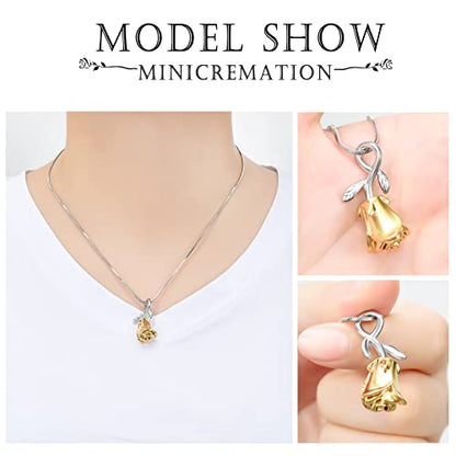 Rose Flower Cremation Urn Necklace for Ashes Stainless Steel Memorial Cremation Ash Jewelry Keepsake Pendant Necklace for Women Girl - color: Gold