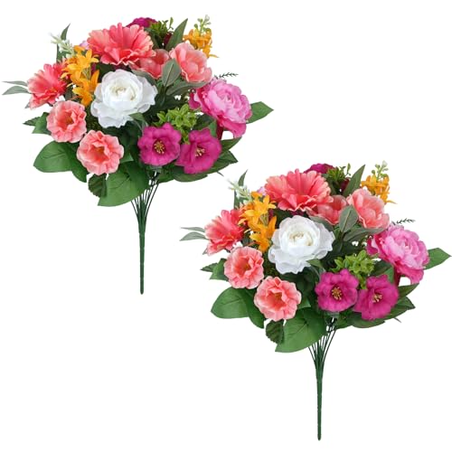 2Pcs Cemetery Flowers for Grave Pink Fake Hibiscus Flowers with Rose | 21.6" Silk Flower Arrangements for Cemetery Garden Wedding Table Centerpieces Home Indoor Outdoor Decor
