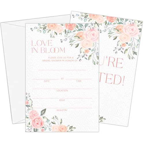 Love in Bloom Bridal Shower Invitations | Spring Floral Bridal Shower Invites, Set of 25 Pink Flower Wedding Invitations with Envelopes-A06 - style: floral bloom