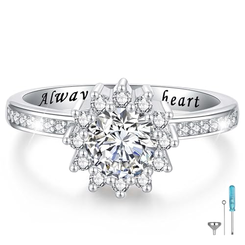 925 Sterling Silver Urn Rings for Ashes for Women - Sunflower Ash Ring Cubic Zirconia Memorial Keepsake Cremation Jewelry Gifts for Loss of a Loved One - style: Sunflower